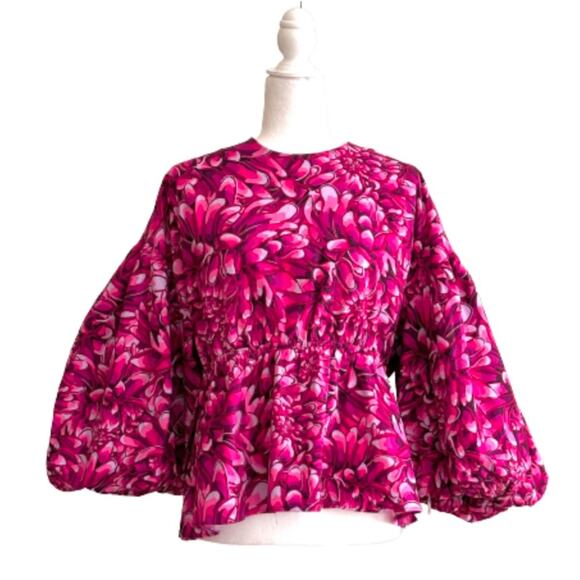 Kika Vargas X Target Pink Floral Mum Puff Sleeve Scallop Blouse Top Large NEW - Picture 2 of 13